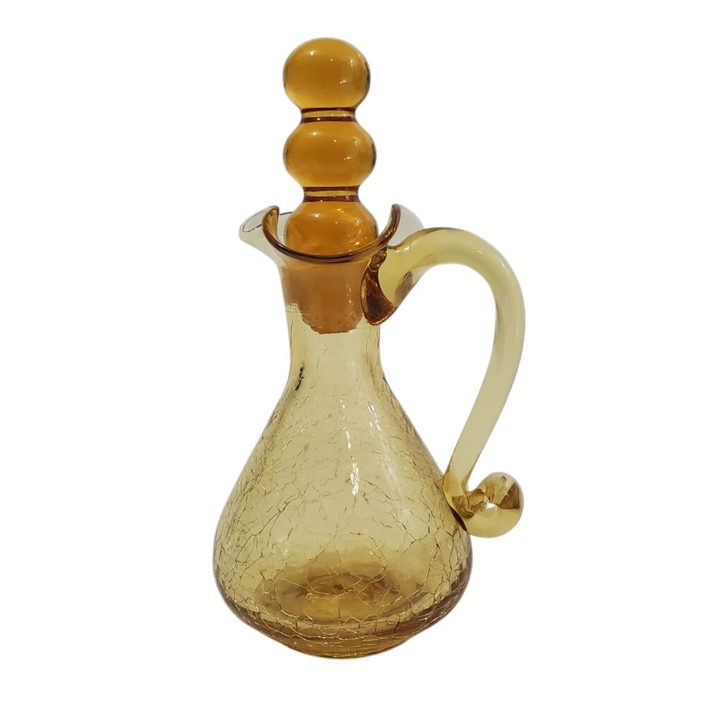 Vintage Rainbow Art Glass Cruet 2-Ball Stopper Crackle Amber 6.25" Handblown